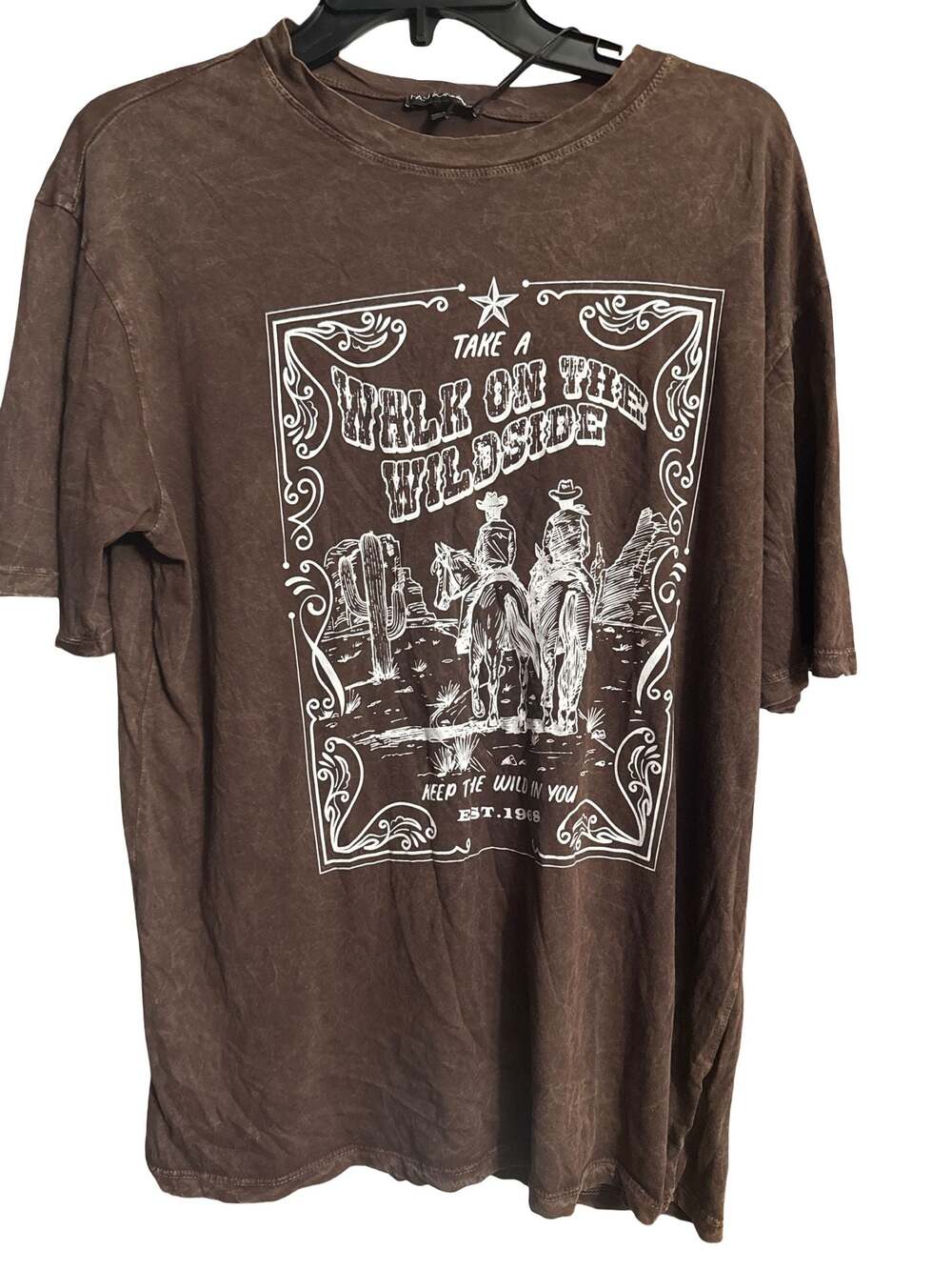 Brown Mineral Wash Western Cowboy Graphic T-Shirt